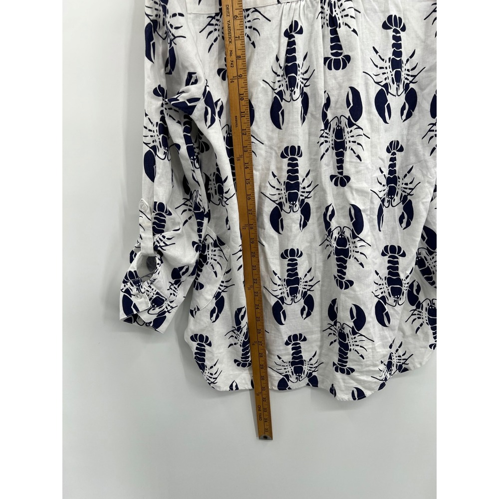Sigrid Olsen Womens Linen Lobster Print Tunic Top‎ White Navy Blue Roll Tab Med - Picture 11 of 11